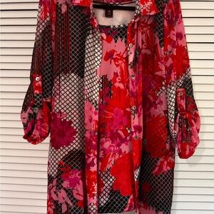 Sheer Floral Button-Front Tunic and Matching Tank Top in Red and Pink